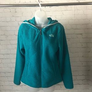 JACKET - Women's The North Face Fleece Logo Zip-Up Sherpa Hoodie in Teal. Size S
